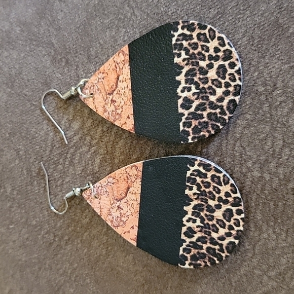 3/$20 Faux Leather Embellished Cheetah Marble Teardrop Dangle Earrings - Picture 3 of 6